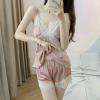 Deux pièces Sexy Design Soie Femmes Pyjamas Solide Couleur Ensembles Slip et Pantalon Dentelle Couture Femmes Vêtements De Nuit