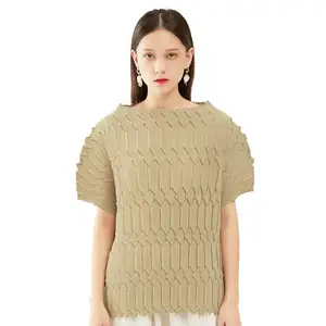 Women's Spring Collection New Pleated Top Solid Color Long Sleeved round Neck T-Shirt Niche Folded Style Chiffon Base Shirt