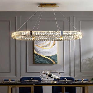 Lustres de luxe pour salon à LED avec anneau en cristal et pendentif en verre doré avec télécommande - Product Image 5