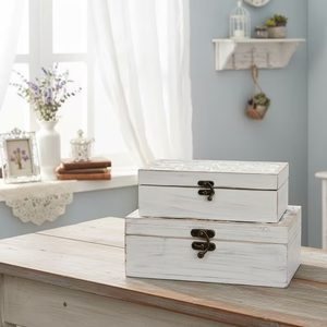 Juego de 2 cajas de madera para joyería, estilo rústico, con tapa con bisagras <span class=keywords><strong>y</strong></span> diseño tallado, color blanco. - Product Image 4