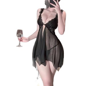 Lingerie sexy en dentelle noire, <span class=keywords><strong>nuisette</strong></span> en maille transparente à col en V avec bretelles à volants, vêtements de nuit à ouverture frontale pour femmes - Product Image 5