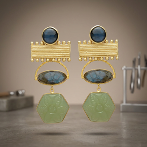 Boucles d'oreilles pendantes en labradorite et jade dorées, faites à la main, plaquées or, bijoux ethniques pour mariage et fiançailles - Product Image 3