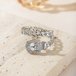 Anillo de Lujo con Cadena y Hebilla de Cinturón, Anillo Abierto con Circonitas Pavé, Ajustable y Apilable, para Mujer, Joyería de Fiesta Hip Hop, Accesorios - Product Image 5