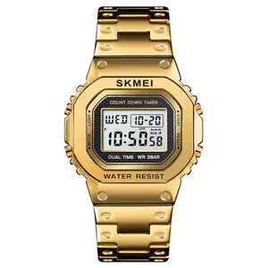 SKMEI 1456 새로운 남성 디지털 시계 럭셔리 스테인레스 스틸 광장 전자 손목 시계 남성 충격 LED 스포츠 시계
