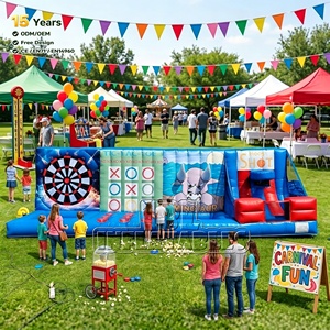 Jeux gonflables commerciaux 4-en-1 pour fêtes foraines avec fléchettes, basketball et jeu de tir Tic-Tac-Toe pour parcs d'attractions et événements scolaires (location) - Product Image 1