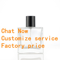 Vente en gros de flacons de parfum vides en verre carrés plats de haute qualité de 30 ml, 50 ml, 100 ml avec boîte, impression sérigraphique, pulvérisateur à pompe