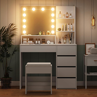 Table de toilette moderne multifonctionnelle blanche avec miroir éclairé, panneau MDF, rangement écologique pour chambre à coucher