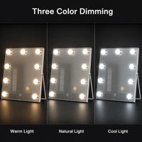 Miroir de maquillage éclairé en bois blanc avec lumières, 27 cm, angle réglable, 3 modes de couleur, variateur d'intensité, capteur tactile