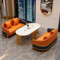 Ensemble de chaises et table de réunion de luxe en acier inoxydable pour hall d'hôtel, canapé et fauteuil modernes pour réception d'affaires et négociations de bureau