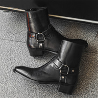 Bottes à bride à boucle haut de gamme 2026 à talon carré pour tenues masculines rétro western et promenades urbaines – Chaussures pour hommes