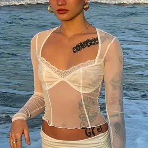 Camiseta sin mangas de malla transpirable para mujer, top sexy de manga larga con perspectiva de encaje, top de malla liso para primavera y verano