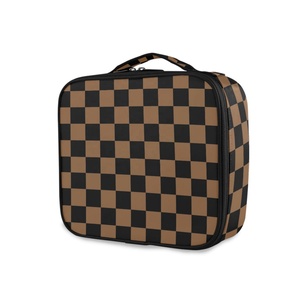 Brown/Black Checkered Professional <b>Makeup</b> Artist Holder Cosmetic <b>Box</b> Organizer <b>Makeup</b> Travel Case with Adjustable Dividers - Product Image 1