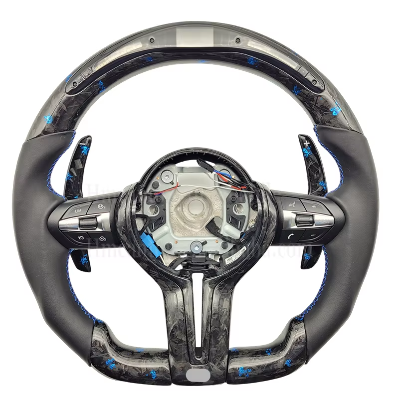 คาร์บอนปลอมแปลง + ไฟ LED คลาสสิก + หนังเรียบ + เย็บสีฟ้า