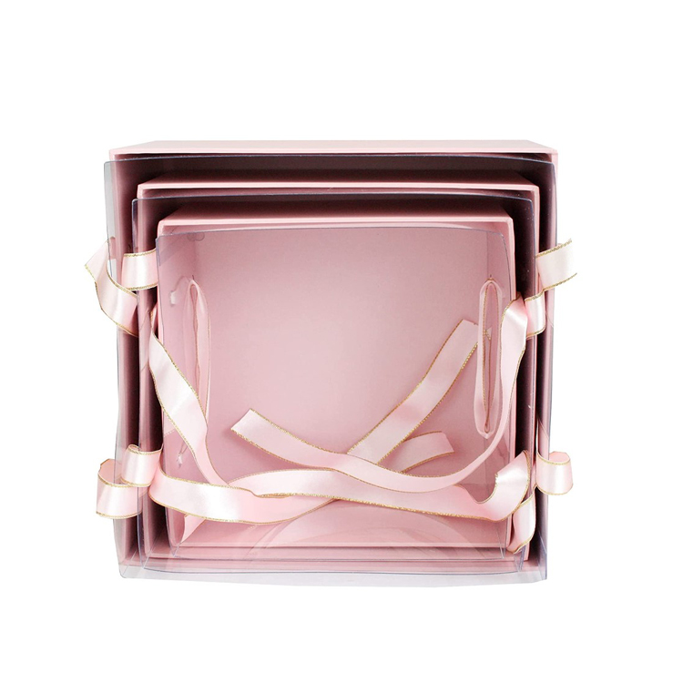 Luxury Square Presentation Gift Box White Print with Transparent Top Double Layer Interior White and Gold Satin Ribbon Handles