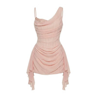 Robe courte asymétrique rose en mousseline de soie pour femme, froncée et fluide, idéale pour les vacances et les soirées – Nouvelle collection très prisée