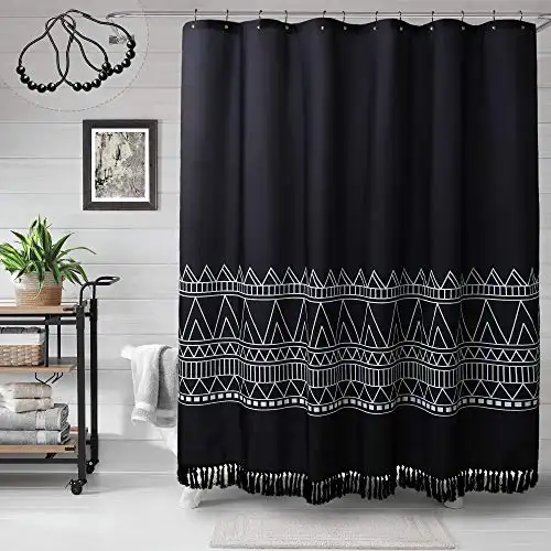 Black Boho Striped Nordic Polyester Shower Curtain Modern Farmhouse Tassel Decorative Shower Curtain