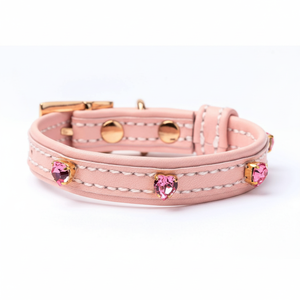 Cadeau parfait rose ITALIEN pour les propriétaires de chiens-Collier en cuir véritable et cristaux de coeurs finition dorée - Product Image 1