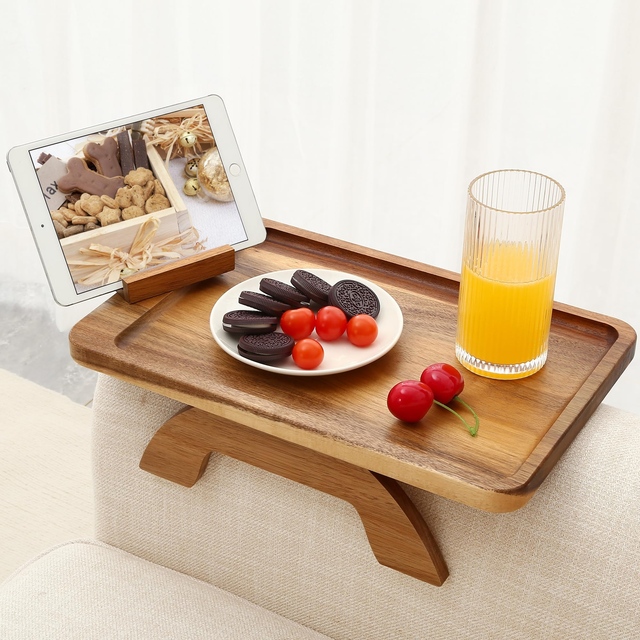 Acacia Wood Sofa Arm Tray with 360° Phone Holder - Portable Couch Tray for Drinks & Snacks