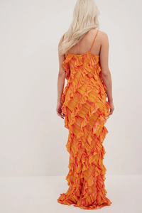 定制夏季防滑褶边连衣裙优雅女性长直雪纺连衣裙女士橙色模糊印花全褶边马克西连衣裙 - Product Image 2