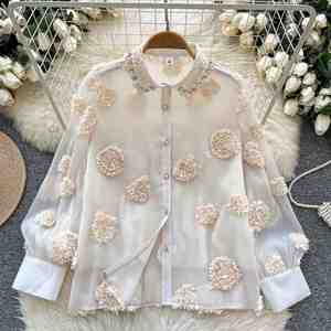 Blouses décontractées à manches longues en maille pour femme, col orné, motifs floraux et perles, hauts élégants pour femme, vente en gros - Product Image 3