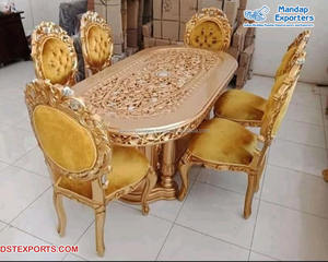 Ensemble de table à manger en teck moderne sculpté à la main en or royal avec taille personnalisable - Product Image 5
