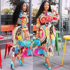 Abito Midi Casual da Donna Taglie Forti <span class=keywords><strong>con</strong></span> Stampa Africana, Colletto <span class=keywords><strong>a</strong></span> Papillon e Maniche <span class=keywords><strong>a</strong></span> <span class=keywords><strong>Tre</strong></span> <span class=keywords><strong>Quarti</strong></span> Plissettate - Product Image 2