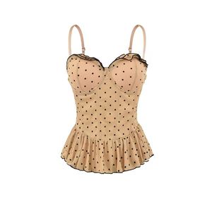 Camisola sexy de nailon con encaje de puntos polares y cuello en V, diseño de hebilla en tela dobby, almohadilla en el pecho, cintura con varillas y dobladillo esponjoso para mujer - Product Image 2