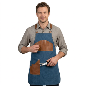 Delantal clásico de mezclilla con bolsillos de cuero y correas ajustables para cocinar y trabajar - Product Image 1