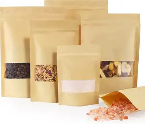 Commercio all'ingrosso di alta qualità riutilizzabile sacchetto di carta Kraft Stand Up Pouch borsa con finestra sacchetti di imballaggio per alimenti e piccole imprese