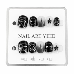 Faux ongles à presser noirs et blancs en forme d'amande, motif étoile 3D spirale géométrique, couverture complète pour femmes - Product Image 3