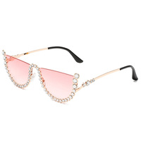 Lunettes de soleil œil de chat diamantées pour femme, semi-cerclées, monture en cristal, strass, lunettes de mode 2025