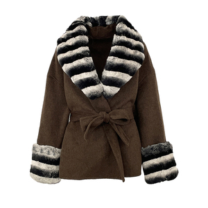 Abrigo de Primavera Elegante e Informal para Mujer, Tejido de Lana de Doble Cara, con Cuello y Puños de Piel de Conejo Rex Teñida de Chinchilla, Cinturón, Chaqueta Gruesa - Product Image 5