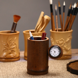 Bamboo Pen Holder Round Carved With Clock Home Office Desk Decor Gift Craft Anji Origin - Product Image 4