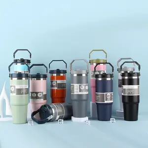Free personalized logo 30oz powder coated travel thermo mug vacuum 20oz coffee stainless steel tumbler with handle