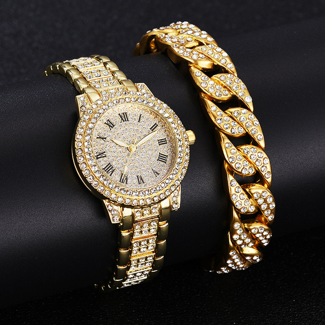 Fashion Luxury Watches Bracelet Set Hip Hop Steel Belt Wrist Watch for Men Women