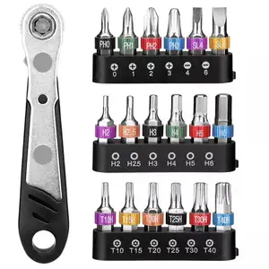 19PC 1/4" Ratchet Wrench Screwdriver Bit Set Mini Rachet Spanner And Slotted Phillips Hex Torx Color Coded Screw Driver Bits Kit
