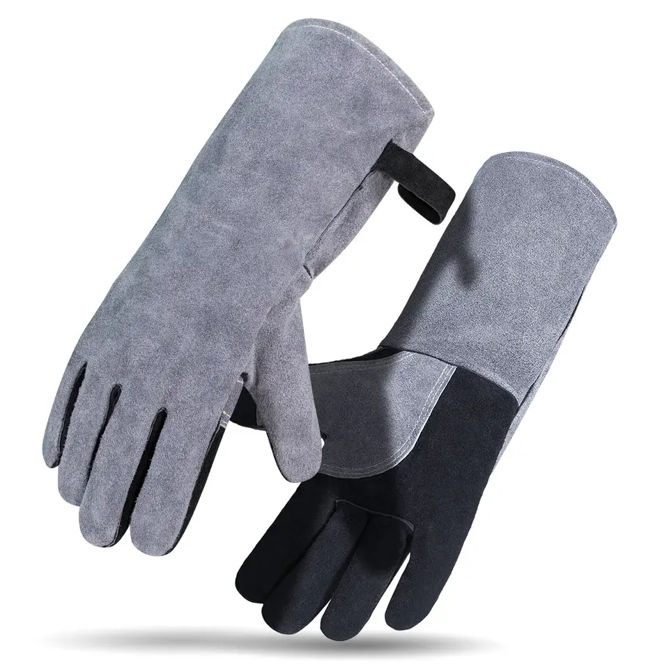 16 Inch Leather Heat Resistant BBQ Welding Gloves Microwave Baking Oven Heat Insulation Black Grey Gloves