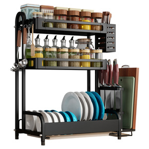 Estante de almacenamiento de cocina de acero inoxidable, organizador multifuncional negro para encimera, para condimentos, cuchillos, palillos y salsas - Product Image 2