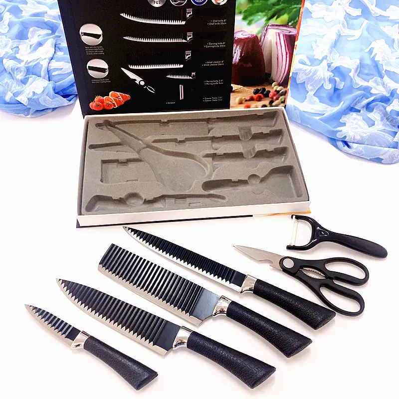 Hot Sale Kitchen Supplies set de cuchillos 8 Inch Sharp Chef Knife Stainless Steel 6pcs Black Knife Set