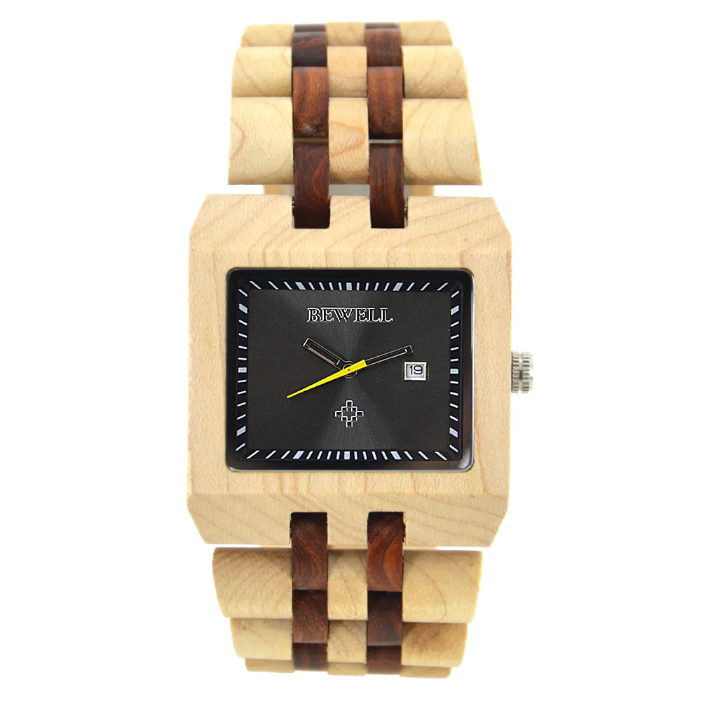 Unisex hand made bewell wooden watches quartz wrist black square wood watch