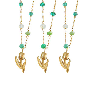 Collier personnalisé en acier inoxydable plaqué or 18 carats avec perles de cristal bleu-vert et pendentif fleur de tulipe pour filles - Product Image 1