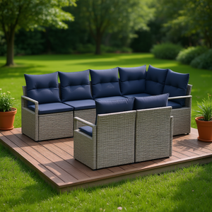 Conjunto de Sofás de Jardín de Ratán Sintético Gris, 7 Piezas, Muebles de Exterior Resistentes a la Intemperie, Diseño Contemporáneo - Product Image 2