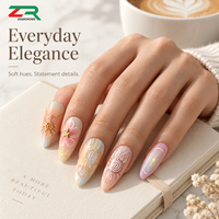 Kuku Palsu Almond Press On 3D Motif Bunga Pastel Ombre dengan Seni Kuku Emas Celestial untuk Wanita, Set Liburan Musim Panas