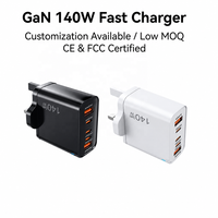 Chargeur de téléphone GaN multi-ports 140W, 3 USB-C, 2 USB-A, charge rapide PD, chargeur de téléphone rapide, OEM personnalisé, vente en gros pour ordinateur portable, téléphone portable
