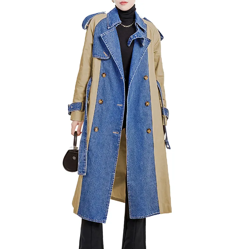 TWOTWINSTYLE Trench Warna Hit untuk Wanita Lapel Lengan Panjang Patchwork Denim Mantel Kasual Pakaian Wanita