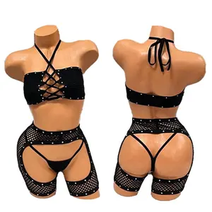 Ailangke Wholesale Black Fishnet Dancewear Exotic Two Piece Set Stripper Outfits Club Wear