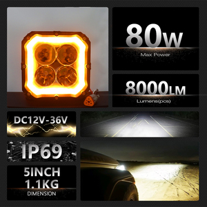 5인치 80W 6000K 옐로우 DRL 듀얼 컬러 사각 LED 스팟 라이트 (트럭 픽업 4x4 오프로드 범용 LED 안개등 주행 작업등) - Product Image 3