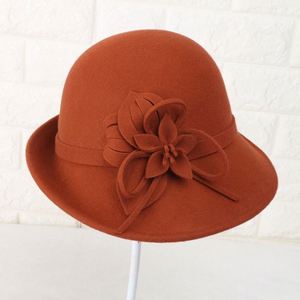 Women Elegant Autumn Winter Wool Felt Cloche <b>Hat</b> Casual Fashion Wool Felt Bucket <b>Hat</b> with Floral Accent - Product Image 3