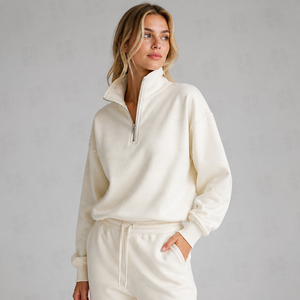 Sudadera con capucha de forro polar grueso bordado de color liso OEM personalizado para mujer, mezcla de algodón, con media cremallera - Product Image 4