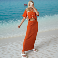 Nouvel ensemble long 2 pièces décontracté pour femme en polyester respirant tricoté au crochet, avec haut court uni et col rabattu boutonné – Collection été 2026
